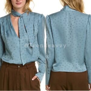 Anthropologie Favorite Daughter Joan Blouse Slate Blue Polka Dot M Tie Neck NWT